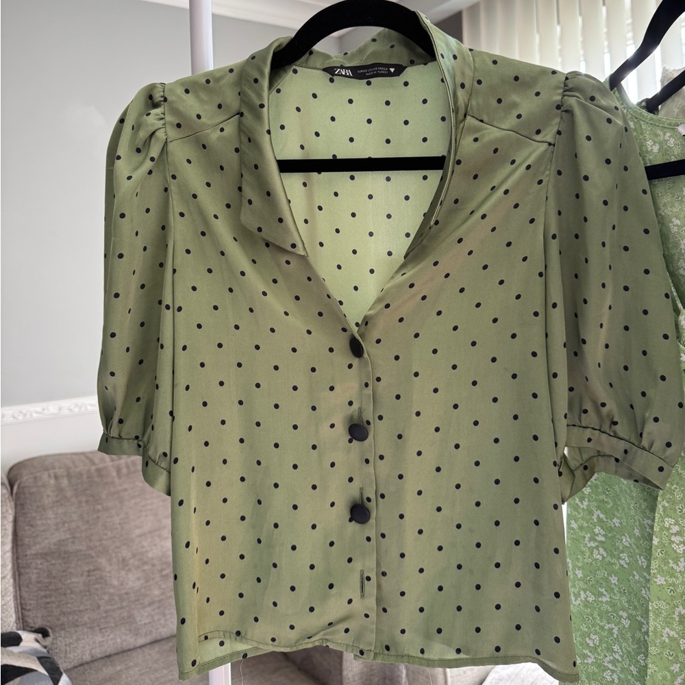 Zara Olive Floral and Polka Dot Blouse